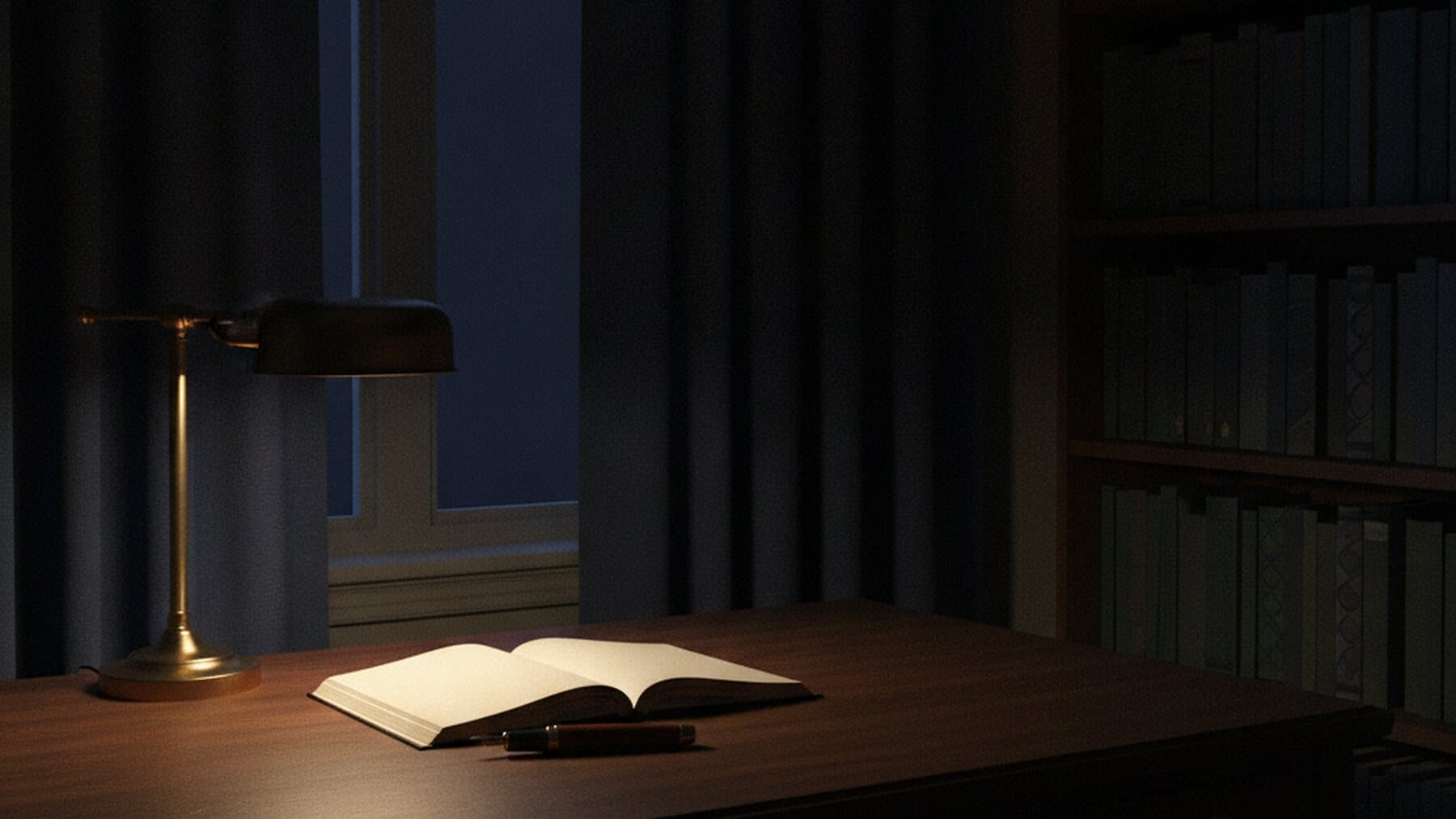 Pencere önünde ahşap bir çalışma masası ve açık bir defter